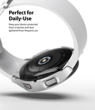 Galaxy Watch 4 40mm Case | Slim - Silver protective case on a Galaxy Watch 4 with a white band, showing the back sensor.