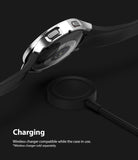 Galaxy Watch 4 40mm Case | Slim - A silver watch case on a Galaxy Watch 4 hovering above a black wireless charging puck.
