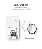 Galaxy Watch 4 40mm Case | Slim - Product packaging and two watch cases in clear and dark chrome finishes.