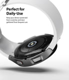 Galaxy Watch 4 40mm Case | Slim - Close-up of a slim black protective case on a white Galaxy Watch 4 against a white background.