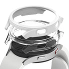 Galaxy Watch 4 40mm Case | Slim - Exploded view of a white watch case, clear protective cover, and a black smartwatch.