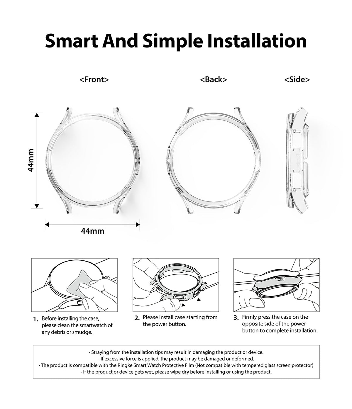 Galaxy Watch 4 (44mm) Case | Slim - Diagrams showing front, back, and side views of the clear case with installation steps.