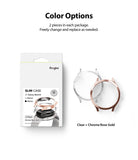 Galaxy Watch 4 (44mm) Case | Slim - Product packaging and two watch cases in clear and chrome rose gold colors.
