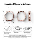 Galaxy Watch 4 (44mm) Case | Slim - Rose gold watch case shown from front, back, and side with three-step installation guide.