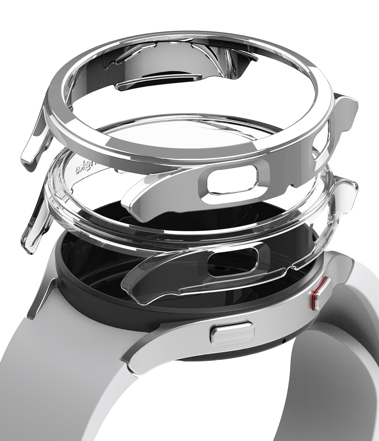 Galaxy Watch 4 (44mm) Case | Slim - Exploded view of a silver watch case and two transparent protective covers.