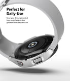 Galaxy Watch 4 (44mm) Case | Slim - Silver protective case on a Galaxy Watch 4, showing the back sensor and side buttons.
