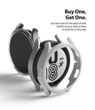 Galaxy Watch 4 (44mm) Case | Slim - Two protective watch cases, one clear and one silver, floating around a Galaxy Watch 4.