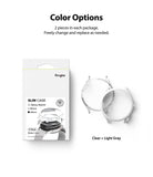 Galaxy Watch 4 (44mm) Case | Slim - Product packaging next to one clear and one light gray watch case.