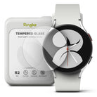 Galaxy Watch 5/4 40mm Screen Protector for Bezel Styling | Glass - R2 - Galaxy Watch 5/4 40mm Screen Protector - Tempered glass screen protector next to a white smartwatch with a floral face.