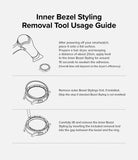 Galaxy Watch 5 Pro 45mm | Inner Bezel Styling - Three-step instructional diagram for removing bezel styling using heat and a tool.