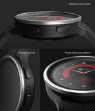 Galaxy Watch 5 Pro 45mm | Bezel Styling - Galaxy Watch 5 Pro 45mm | Close-up of a smartwatch showing a raised screen bezel, tailored button cutouts, and engraved pattern.