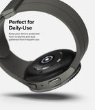 Galaxy Watch 5 Pro 45mm | Bezel Styling - Close-up of the watch back and side buttons with text about daily protection.