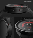 Galaxy Watch 5 Pro 45mm | Bezel Styling - Close-up views of a black smartwatch highlighting a raised bezel, tailored cutouts, and an engraved pattern.