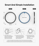 Galaxy Watch 5 Pro 45mm | Bezel Styling - Installation guide showing front, back, and side views with three-step instructions.