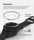 Galaxy Watch 5 Pro 45mm | Bezel Styling - Exploded view showing bezel, guide film, and adhesive tape above a smartwatch.