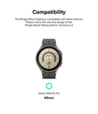 Galaxy Watch 5 Pro 45mm | Bezel Styling - A Galaxy Watch 5 Pro 45mm with a metallic bezel ring and grey silicone band.