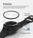 Galaxy Watch 5 Pro 45mm | Bezel Styling - Exploded view showing bezel, guide film, and adhesive tape on a smartwatch.
