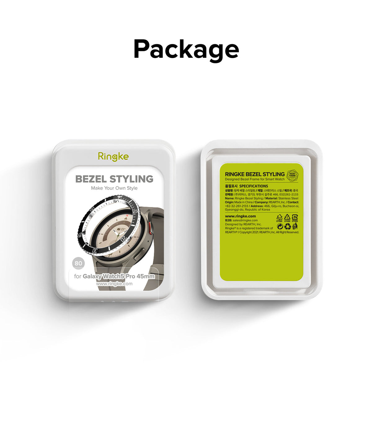 Galaxy Watch 5 Pro (45mm) | Premium Bezel Styling - Front and back view of Ringke Bezel Styling packaging for smartwatch.