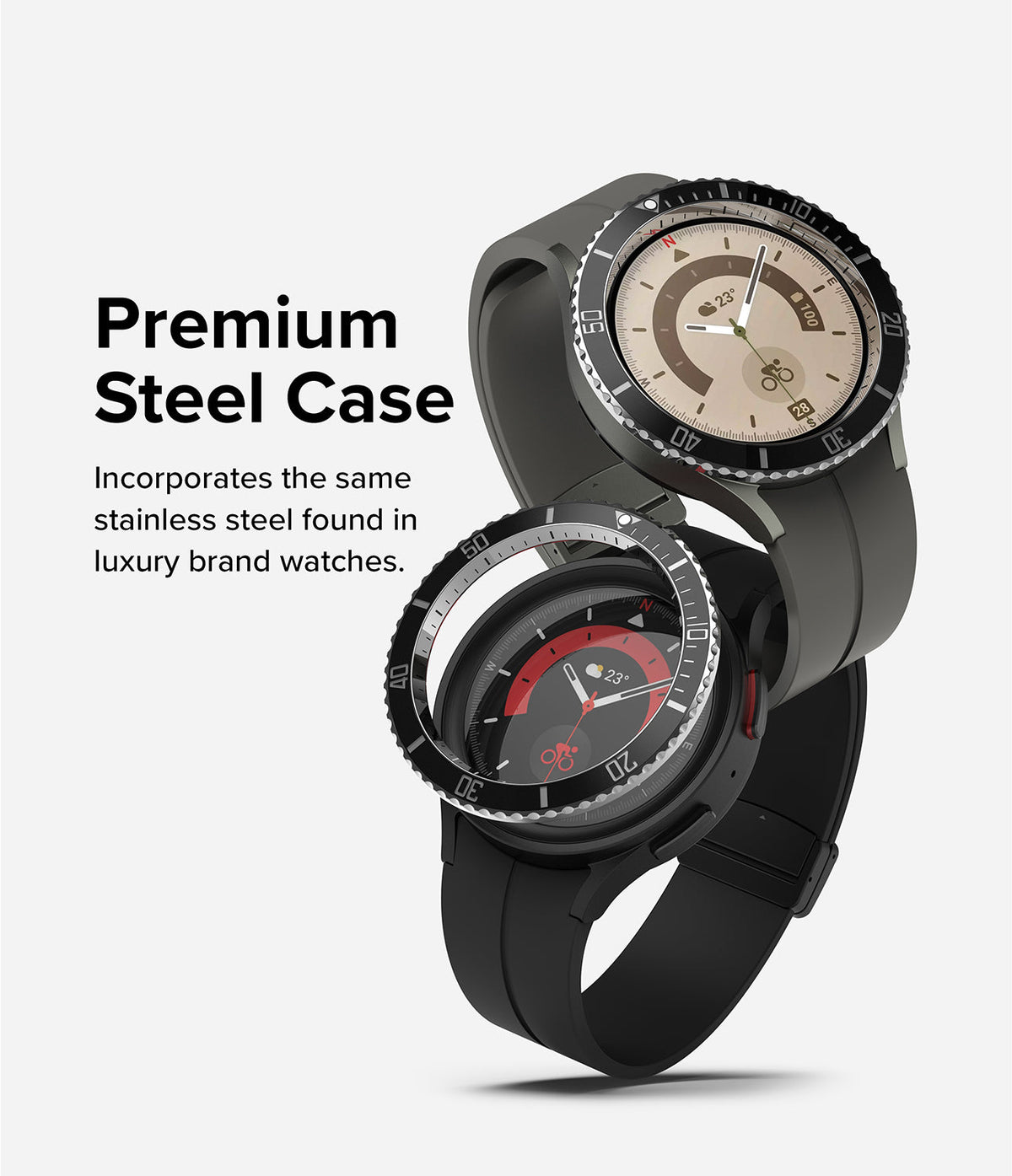 Galaxy Watch 5 Pro (45mm) | Premium Bezel Styling - Two Galaxy Watch 5 Pro units with stainless steel bezel covers.