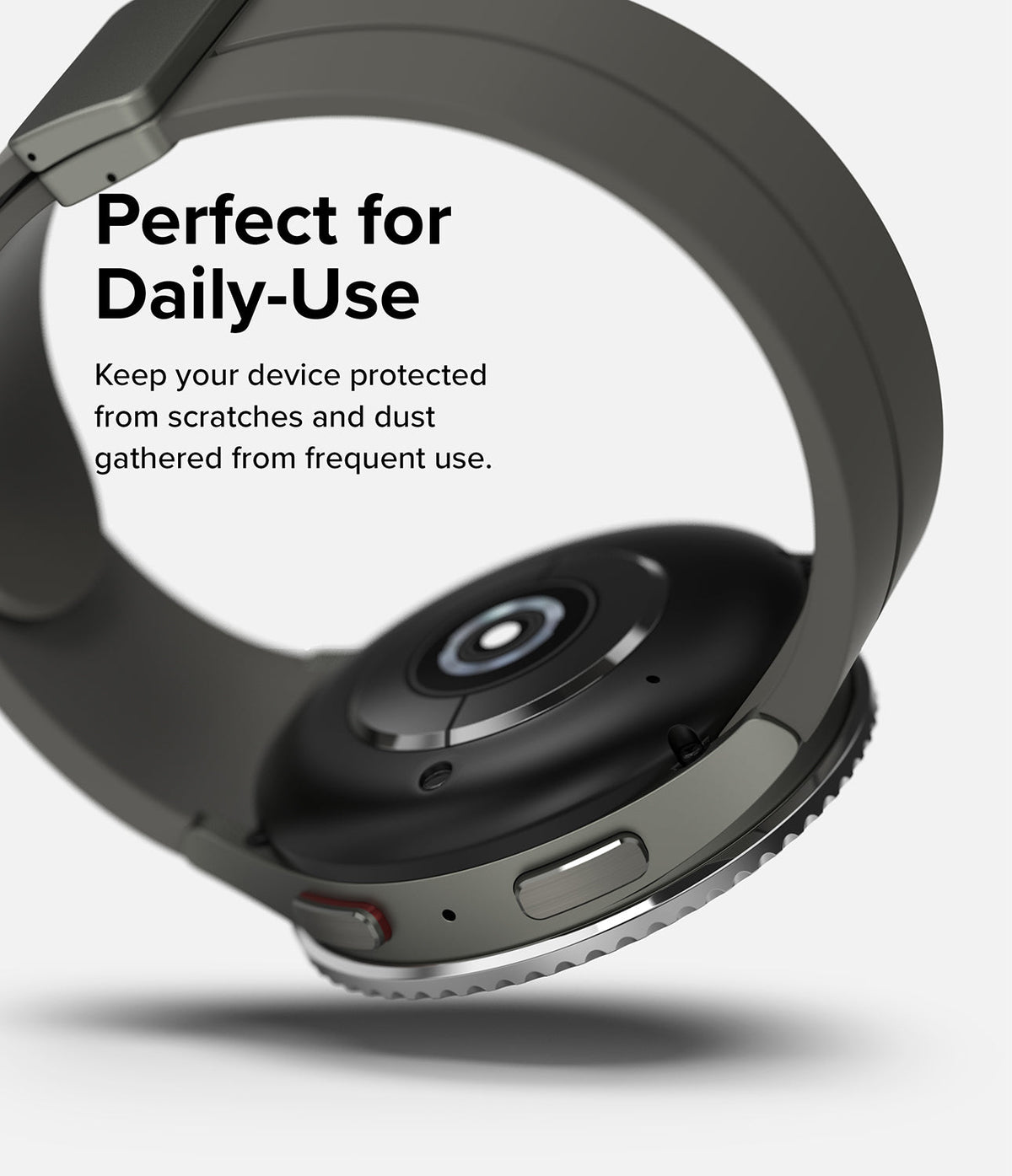 Galaxy Watch 5 Pro (45mm) | Premium Bezel Styling - Close-up of a smartwatch with a protective bezel and grey strap.