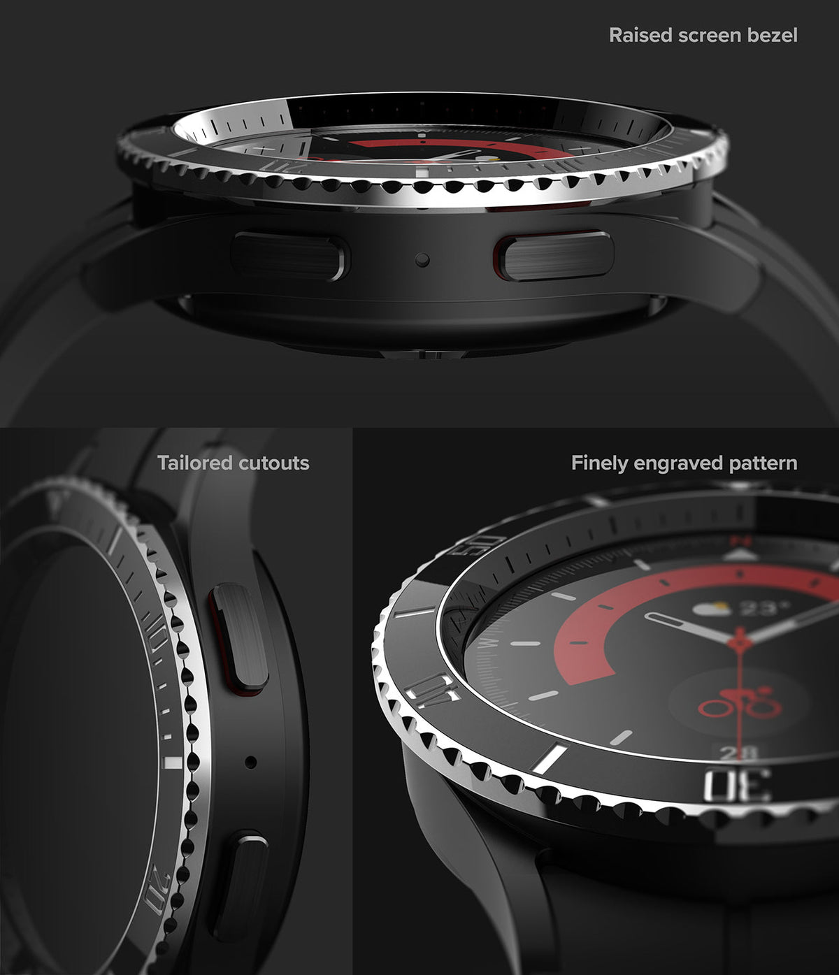 Galaxy Watch 5 Pro (45mm) | Premium Bezel Styling - Close-up of watch bezel showing raised edges, cutouts, and engraving.