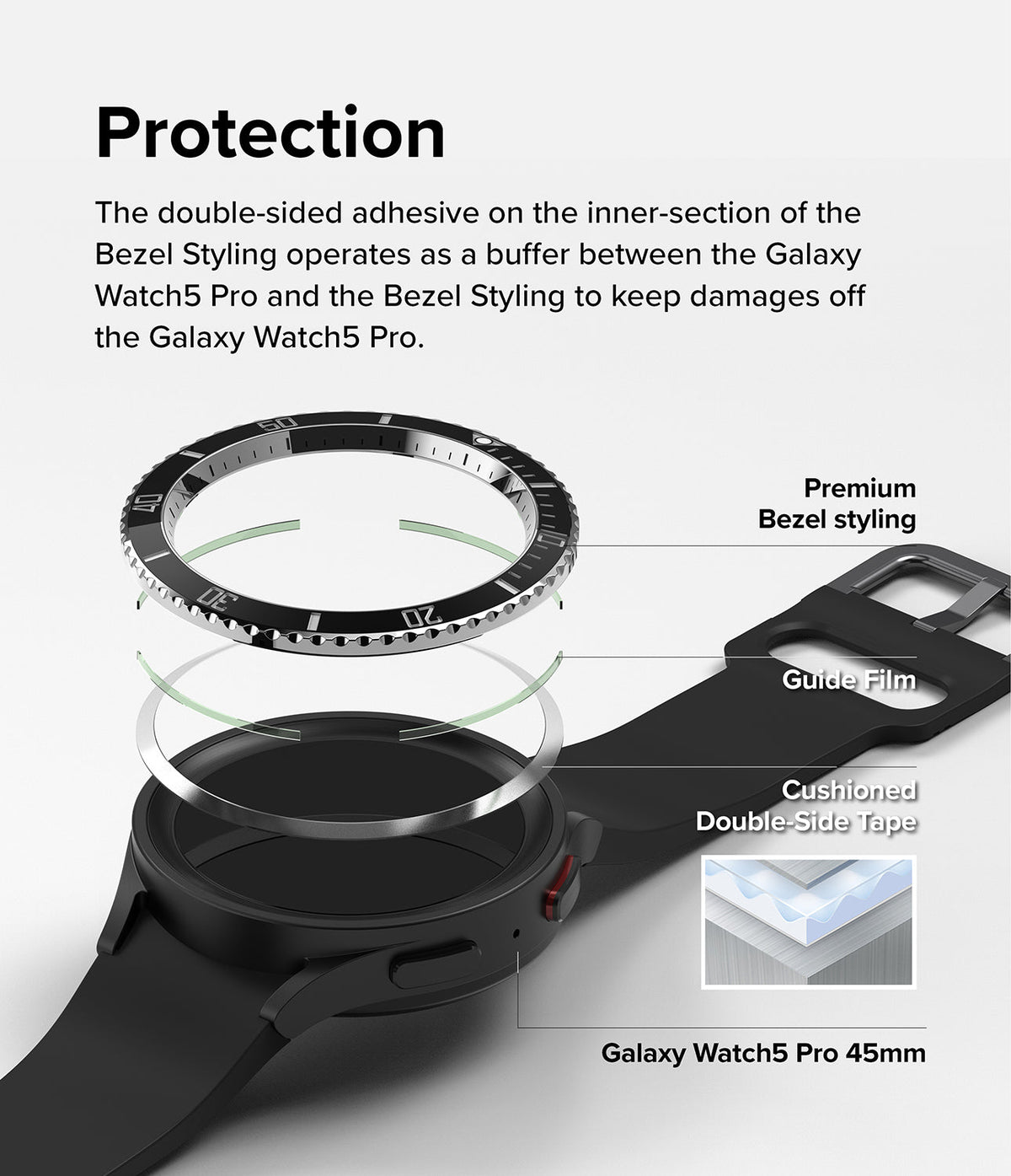 Galaxy Watch 5 Pro (45mm) | Premium Bezel Styling - Exploded view showing bezel, guide film, and adhesive on watch.