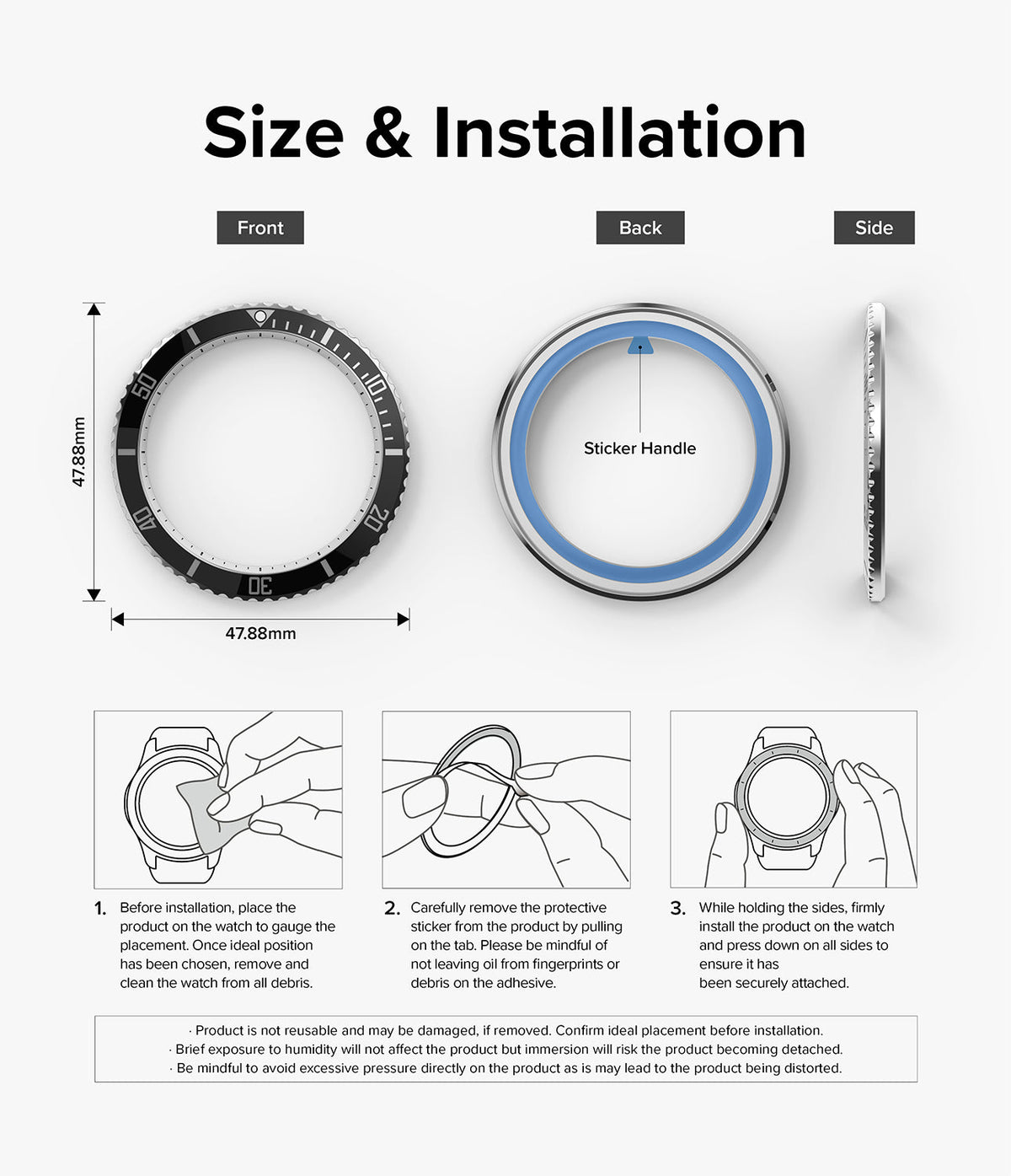 Galaxy Watch 5 Pro (45mm) | Premium Bezel Styling - Dimensions and three-step installation guide for watch bezel.