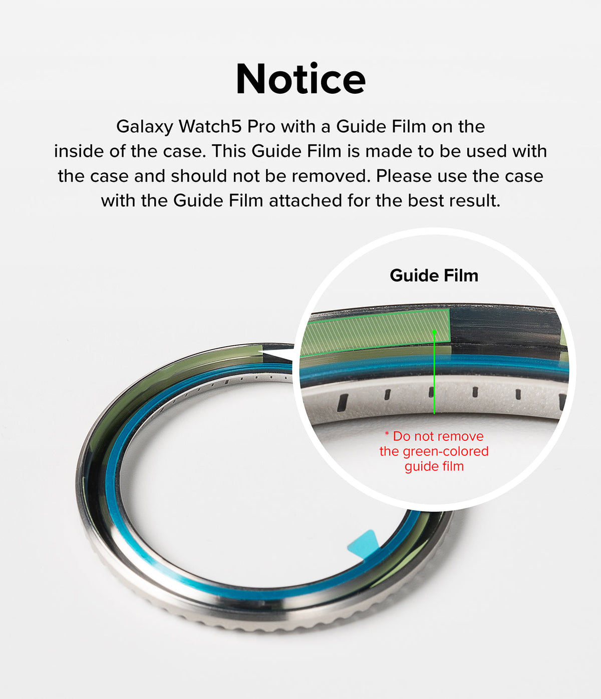 Galaxy Watch 5 Pro (45mm) | Premium Bezel Styling - Notice text and close-up of watch bezel with green guide film.