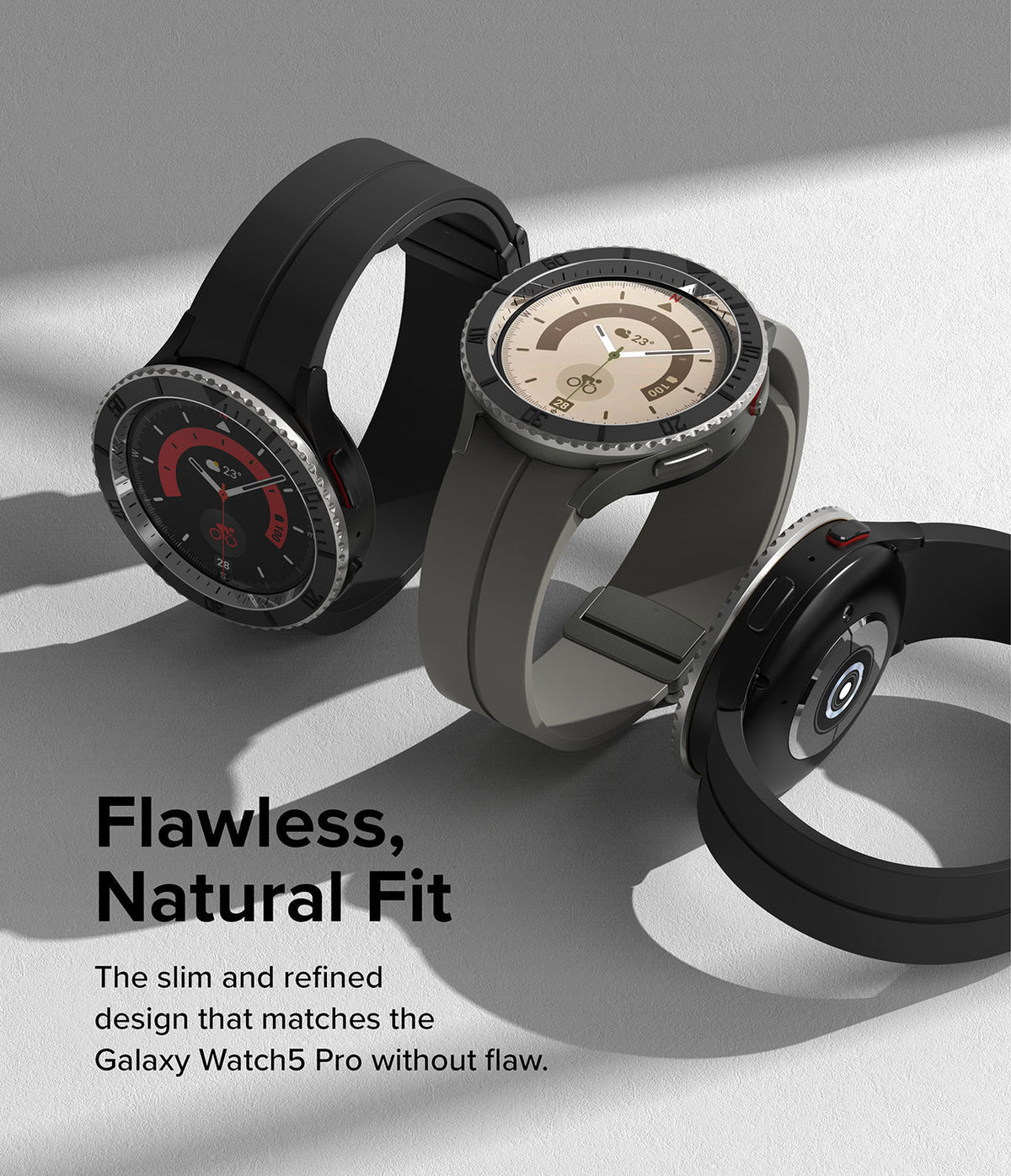 Galaxy Watch 5 Pro (45mm) | Premium Bezel Styling - Three Galaxy Watch 5 Pro units with metallic bezel covers.