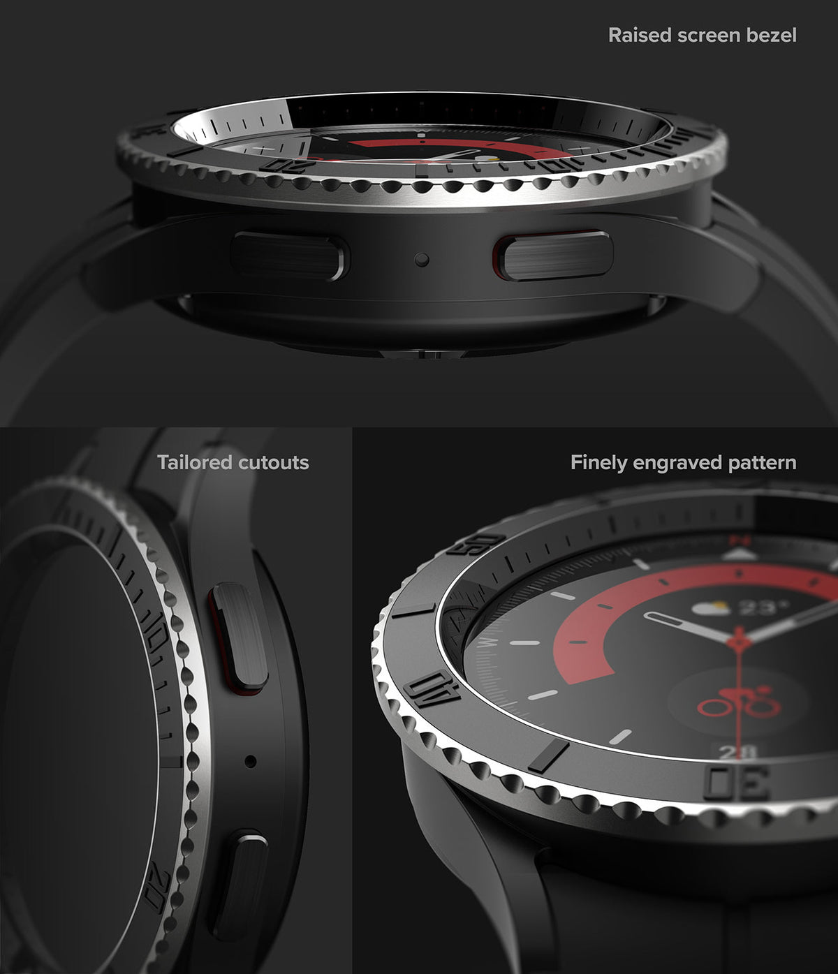 Galaxy Watch 5 Pro (45mm) | Premium Bezel Styling - Close-up of watch showing raised bezel, engraved pattern, and cutouts.