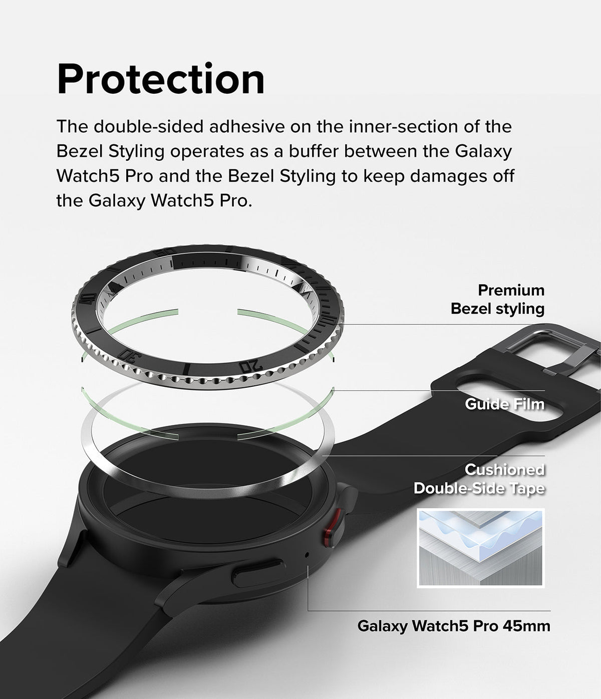 Galaxy Watch 5 Pro (45mm) | Premium Bezel Styling - Exploded view showing bezel, guide film, and adhesive on a smartwatch.