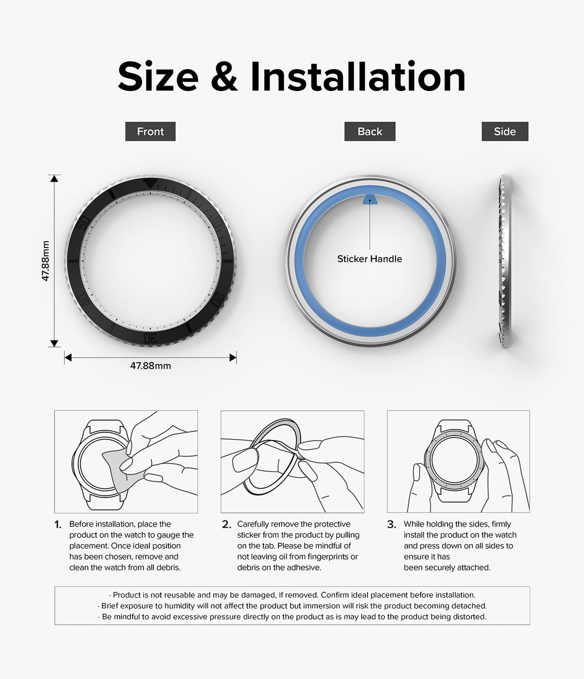 Galaxy Watch 5 Pro (45mm) | Premium Bezel Styling - Diagrams showing bezel dimensions and three-step installation guide.