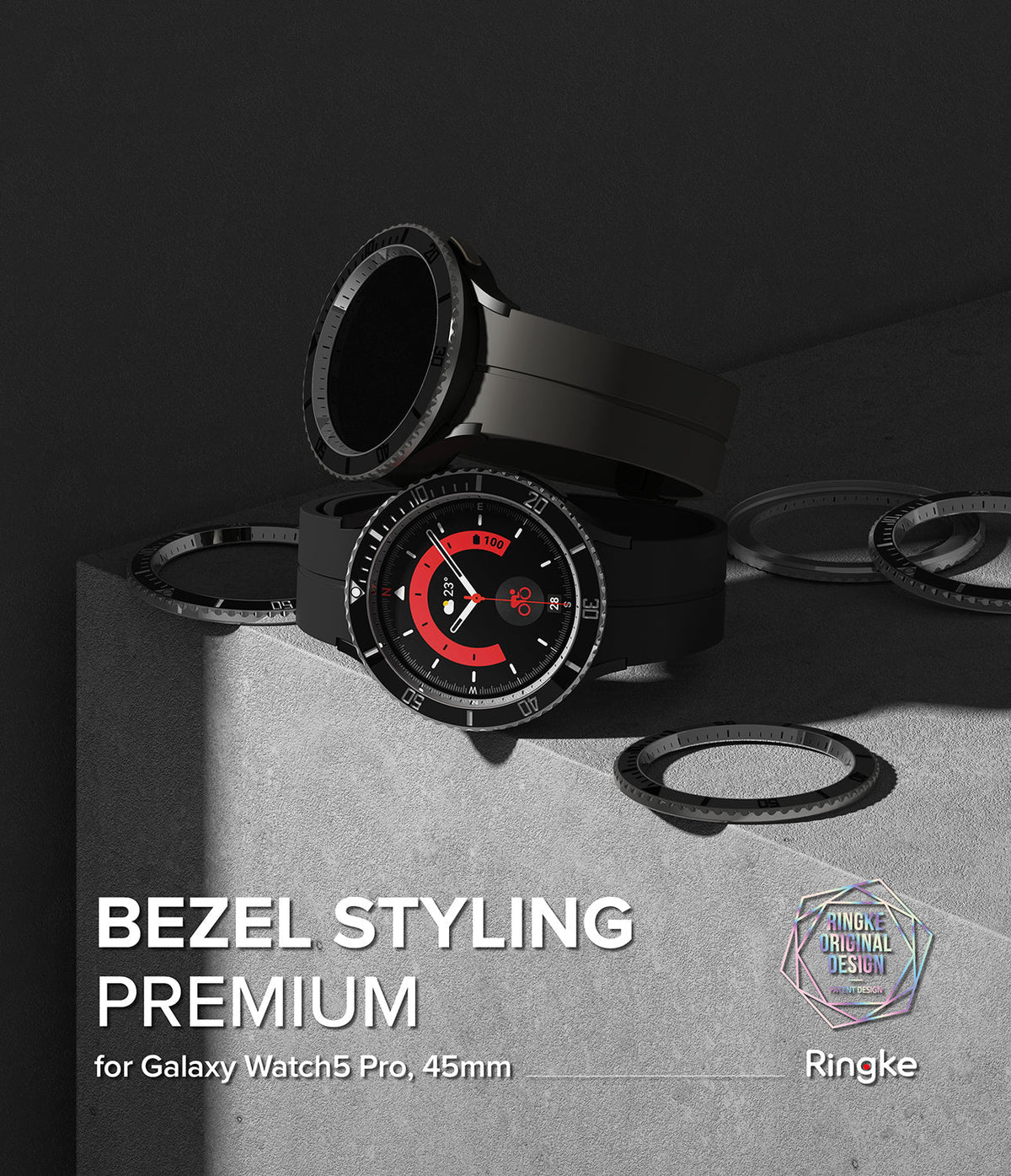 Galaxy Watch 5 Pro (45mm) | Premium Bezel Styling - Black smartwatch with a metallic bezel ring on a concrete surface.