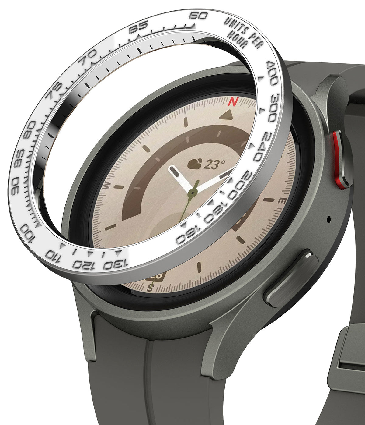 Galaxy Watch 5 Pro (45mm) | Premium Bezel Styling - Galaxy Watch 5 Pro (45mm) - A silver tachymeter bezel ring hovering above a grey smartwatch with a tan watch face.