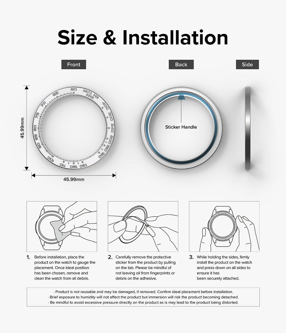 Galaxy Watch 5 Pro (45mm) | Premium Bezel Styling - Galaxy Watch 5 Pro (45mm) - Technical diagram showing bezel dimensions, adhesive backing, and three-step installation guide.