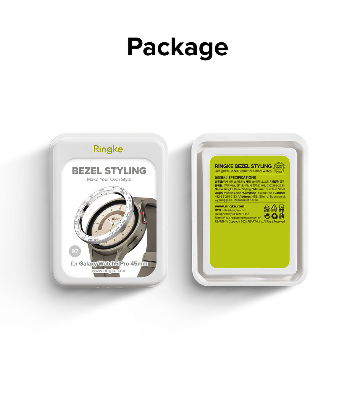Galaxy Watch 5 Pro (45mm) | Premium Bezel Styling - Front and back view of Ringke Bezel Styling packaging for smartwatch.
