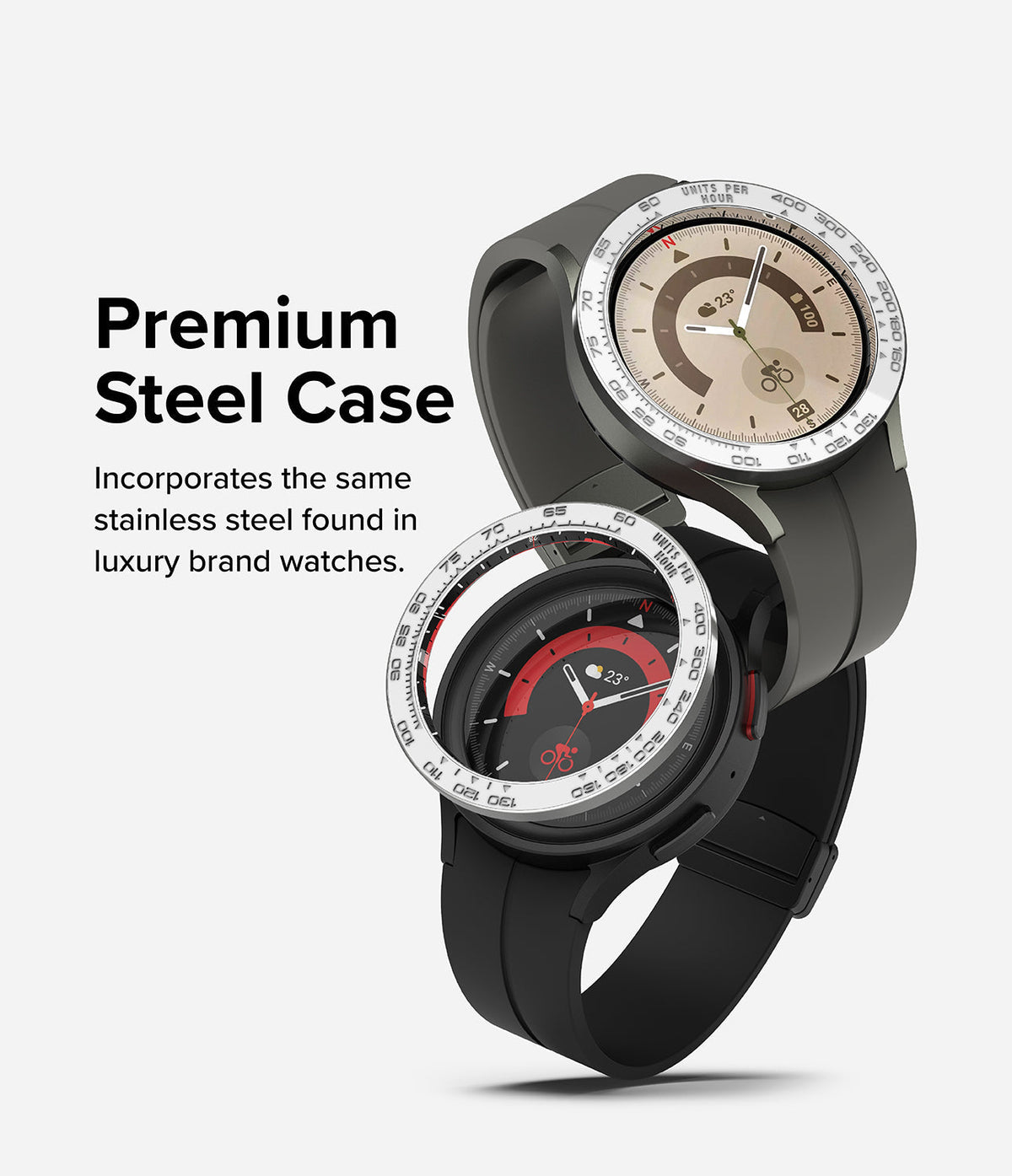 Galaxy Watch 5 Pro (45mm) | Premium Bezel Styling - Two Galaxy Watch 5 Pro units with stainless steel bezels.