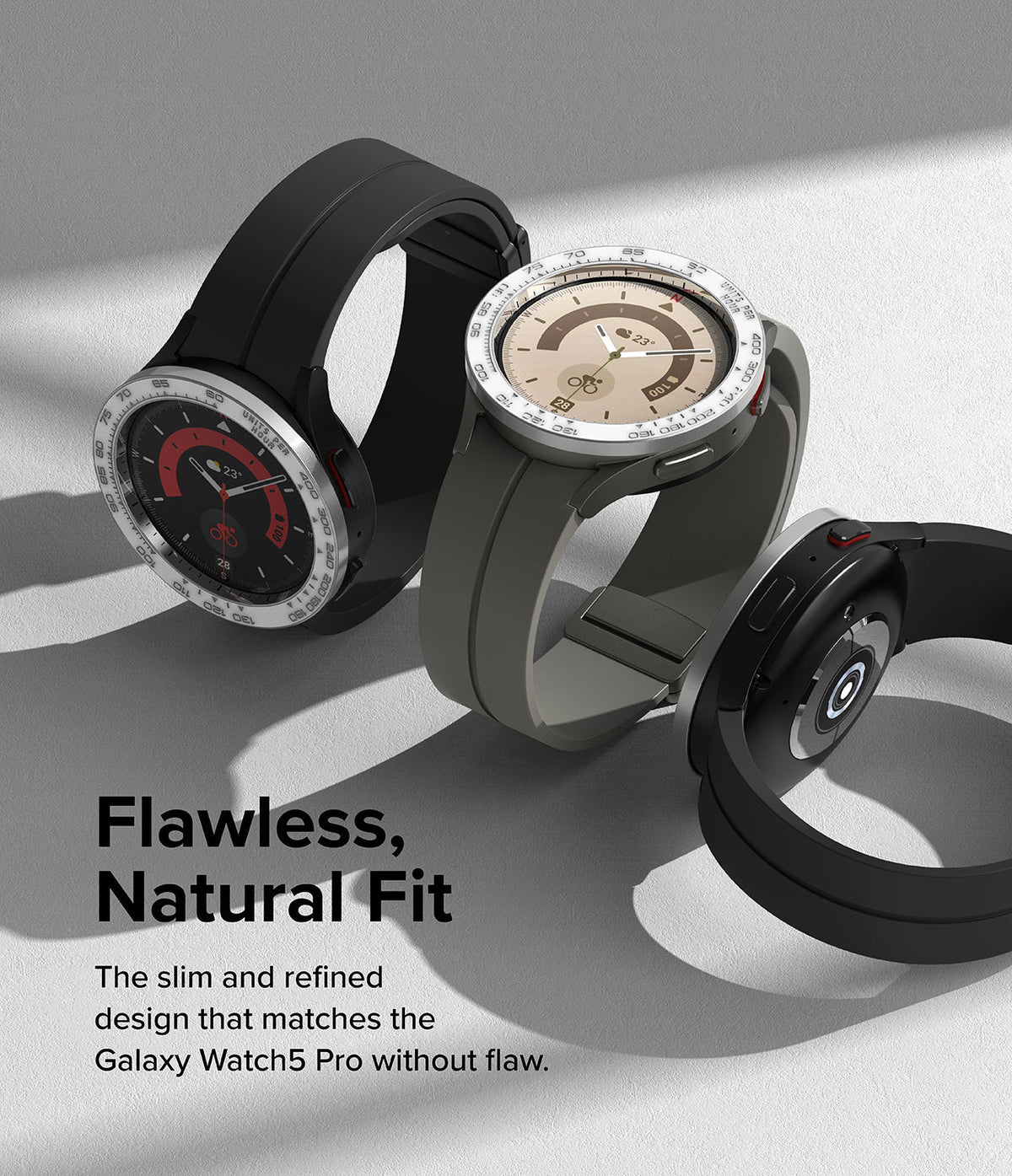 Galaxy Watch 5 Pro (45mm) | Premium Bezel Styling - Three Galaxy Watch 5 Pro units with metallic bezel covers.