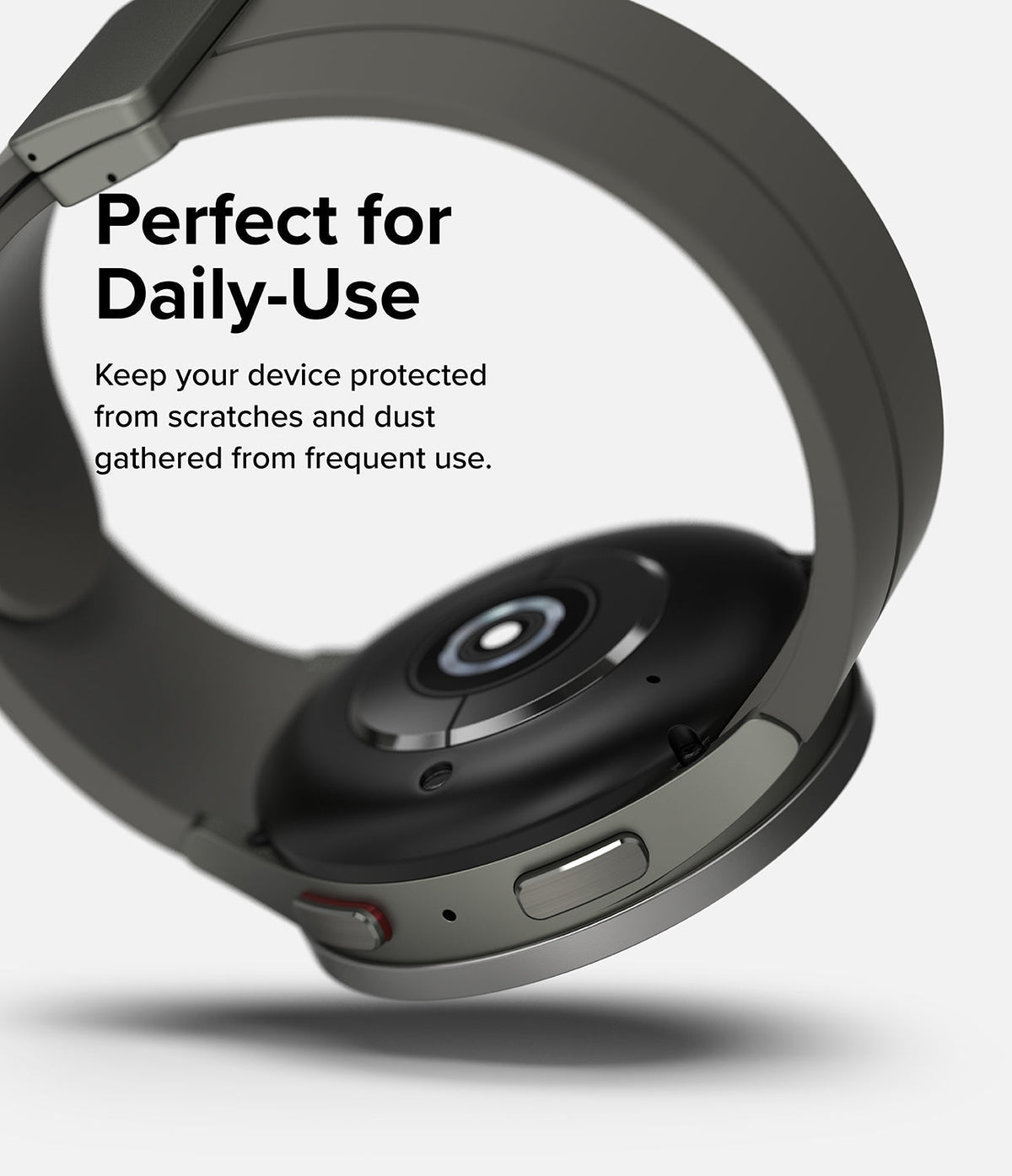 Galaxy Watch 5 Pro (45mm) | Premium Bezel Styling - Close-up of the watch back and side buttons with text about daily protection.