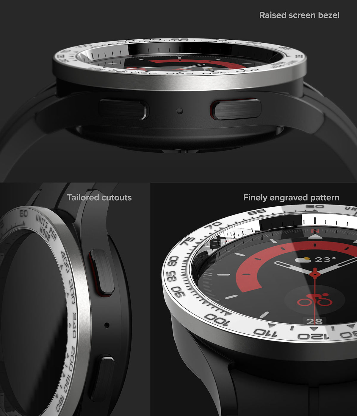 Galaxy Watch 5 Pro (45mm) | Premium Bezel Styling - Galaxy Watch 5 Pro (45mm) - Close-up of a silver bezel with engraved markings, tailored cutouts, and a raised screen edge.