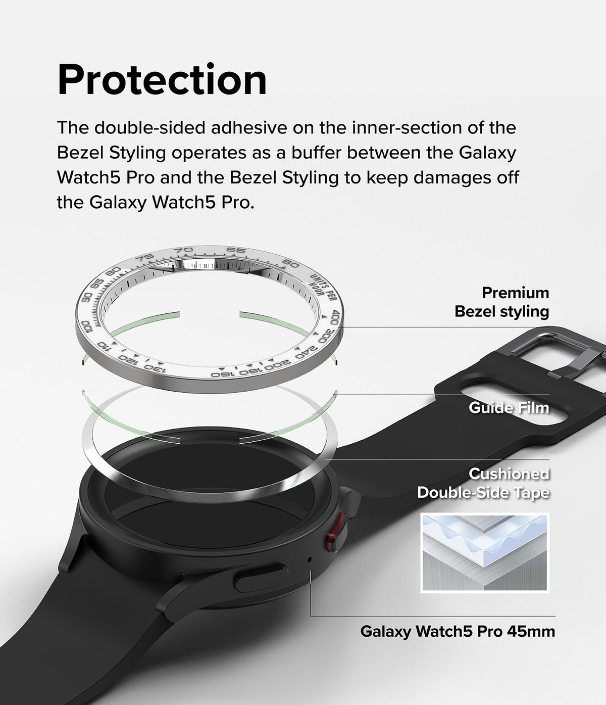 Galaxy Watch 5 Pro (45mm) | Premium Bezel Styling - Exploded view showing bezel, guide film, and adhesive tape above watch.