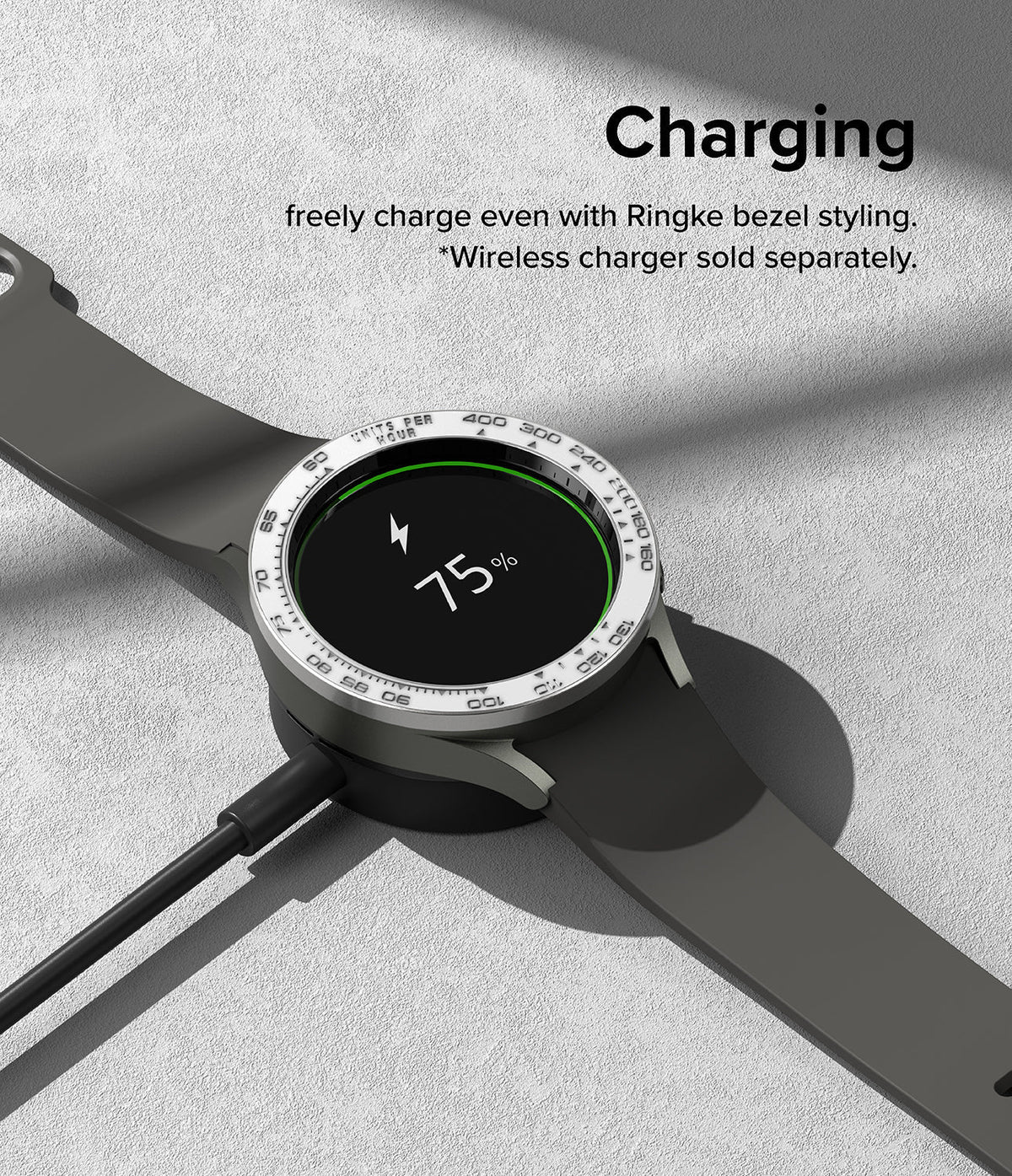 Galaxy Watch 5 Pro (45mm) | Premium Bezel Styling - Watch with tachymeter bezel charging wirelessly at 75 percent.