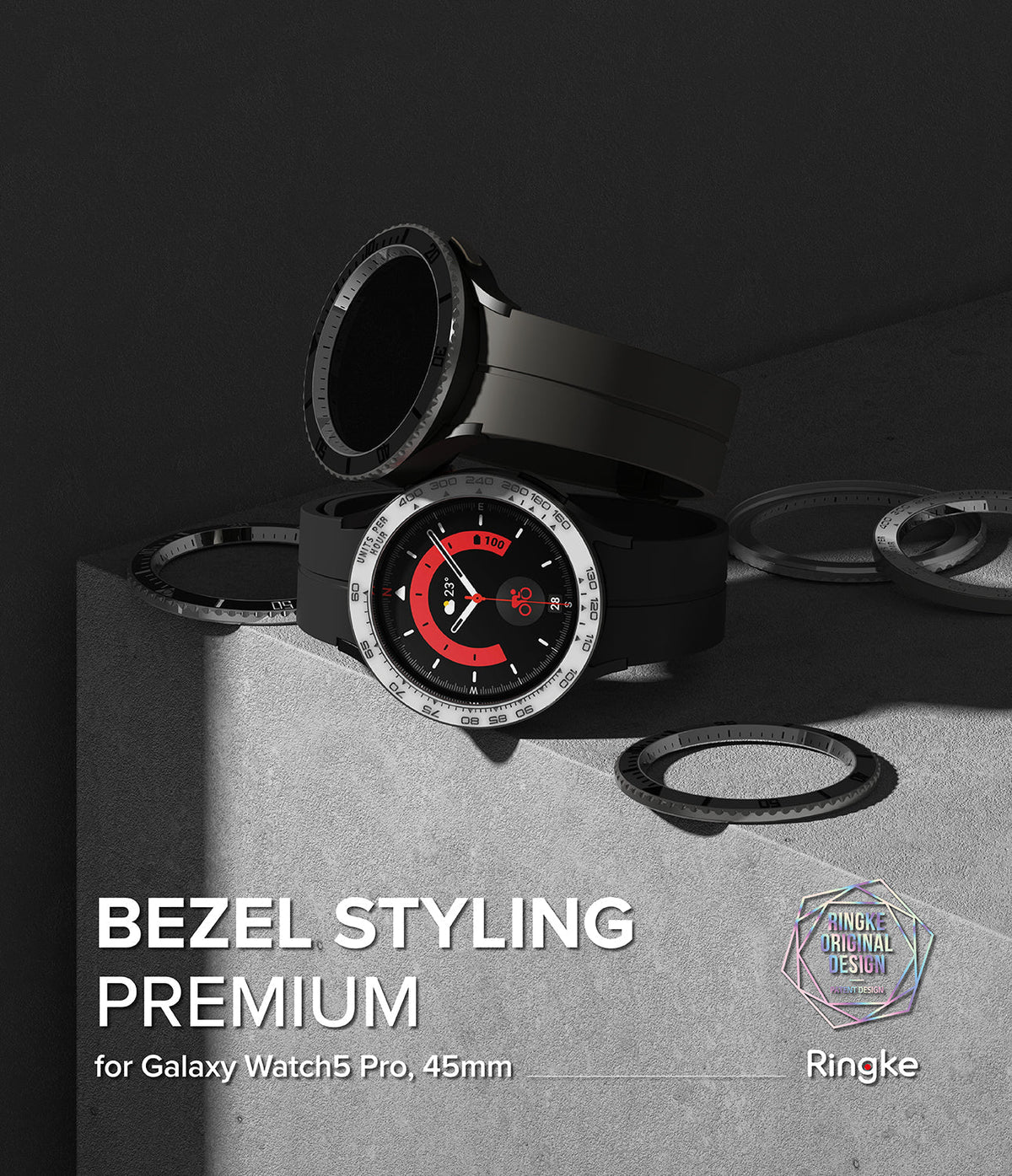 Galaxy Watch 5 Pro (45mm) | Premium Bezel Styling - Smartwatch with tachymeter bezel accessory on a concrete block.