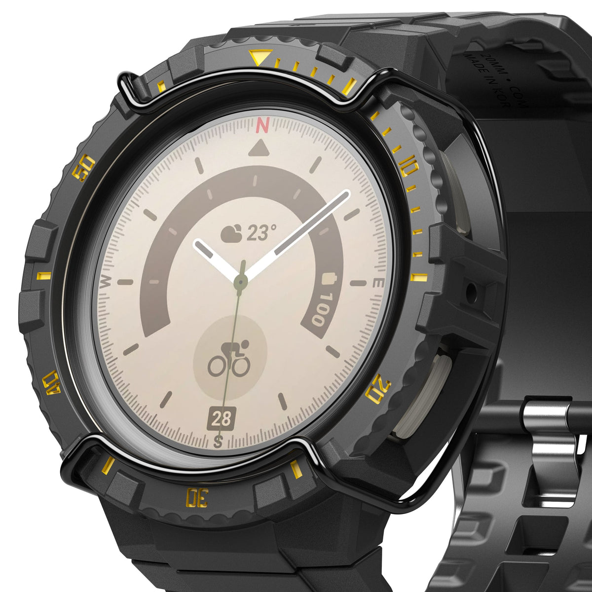 Galaxy Watch 5 Pro (45mm) Case + Band + Wire | Fusion-X Guard - Rugged black watch case with yellow accents and band.