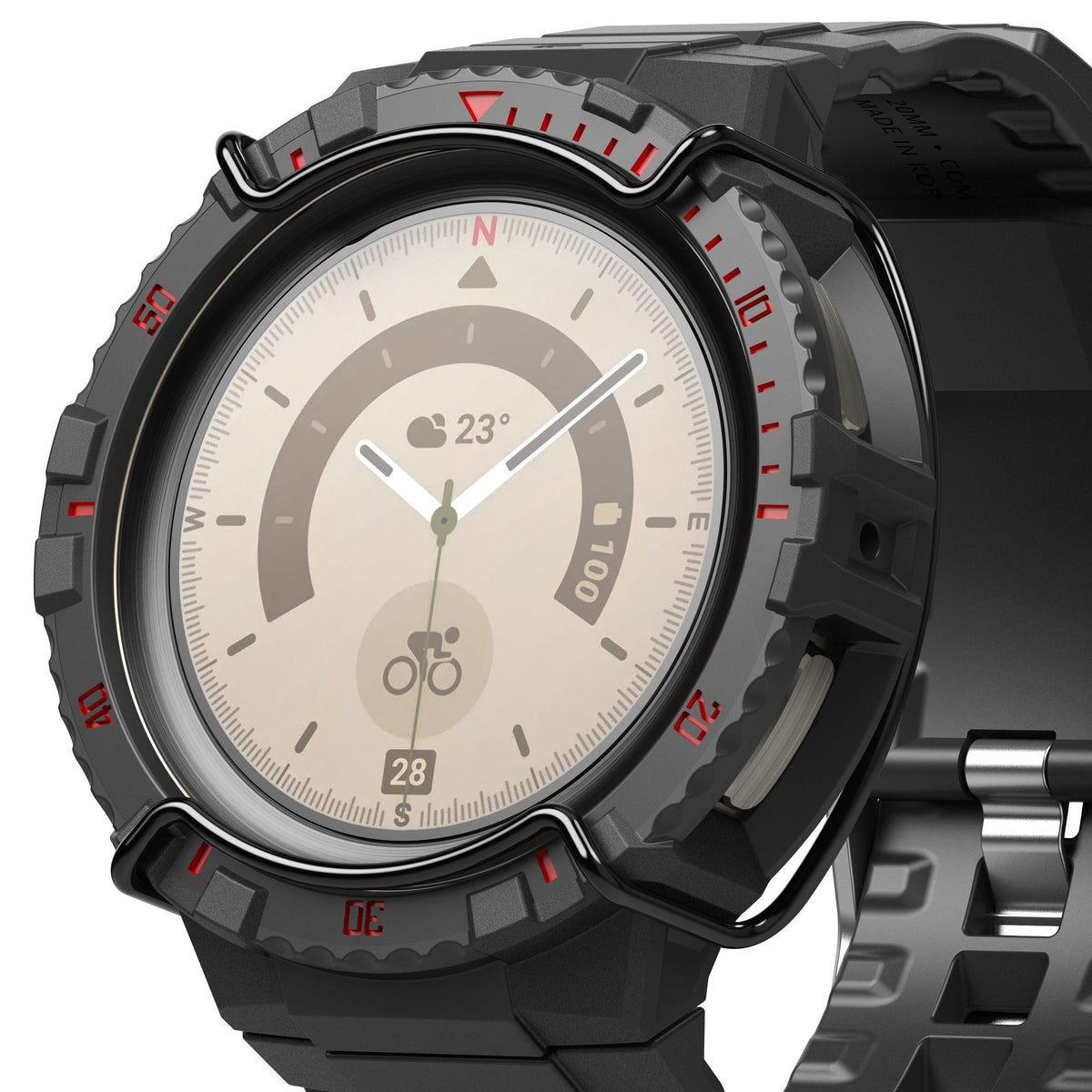 Galaxy Watch 5 Pro (45mm) Case + Band + Wire | Fusion-X Guard - Rugged black watch case with red accents and wire frame.