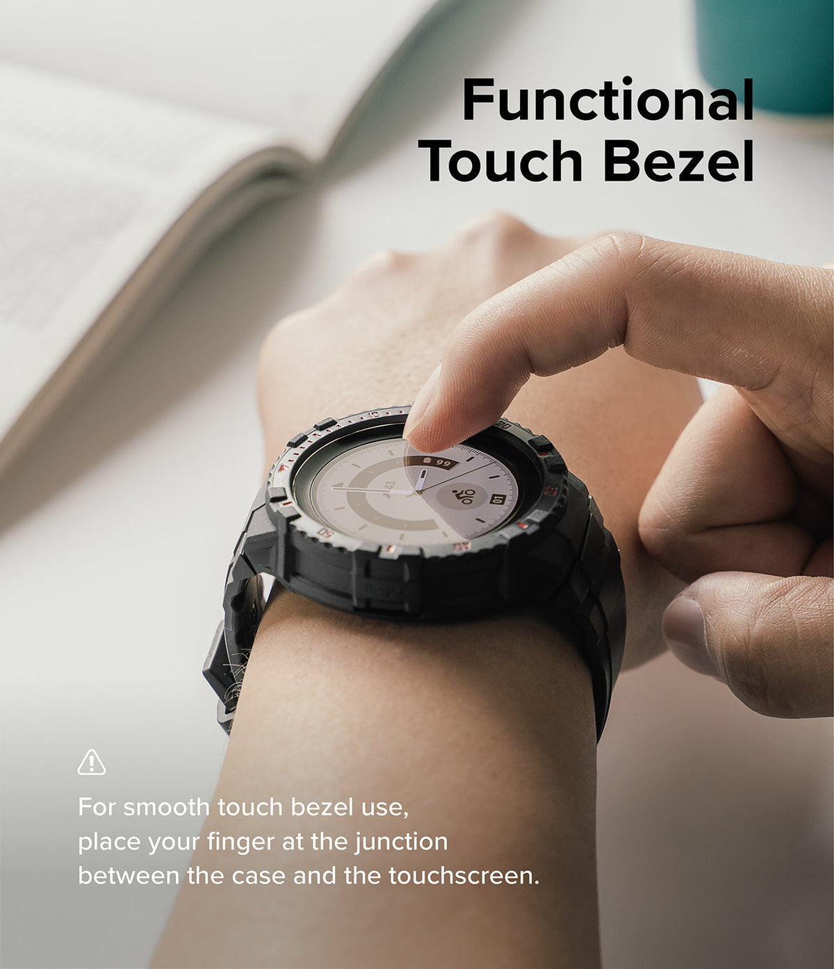 Galaxy Watch 5 Pro (45mm) Case | Fusion-X - Finger touching the edge of a rugged black watch case on a smartwatch.