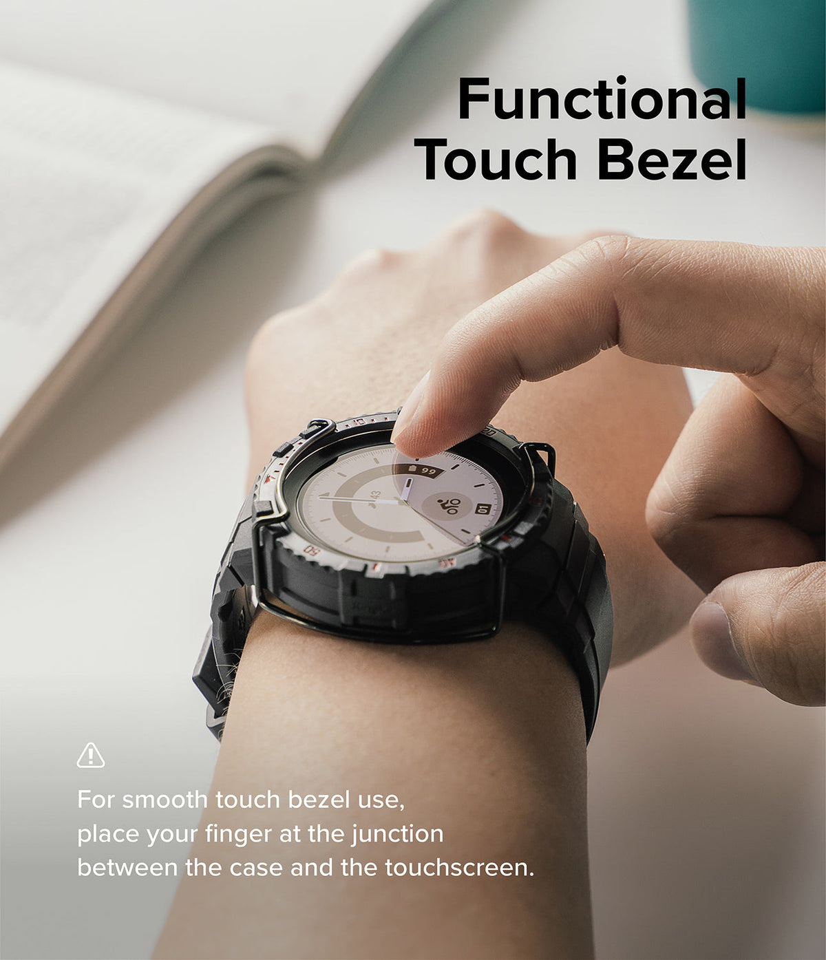 Galaxy Watch 5 Pro (45mm) Case + Band + Wire | Fusion-X Guard - Finger touching the edge of a rugged black watch case.