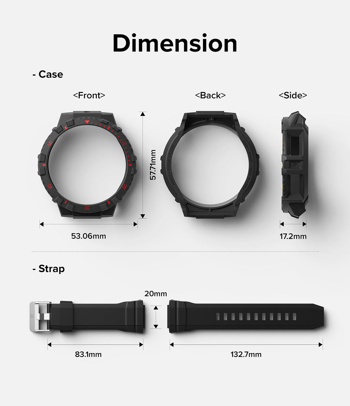 Galaxy Watch 5 Pro (45mm) Case | Fusion-X - Technical diagram showing dimensions for the watch case and strap components.