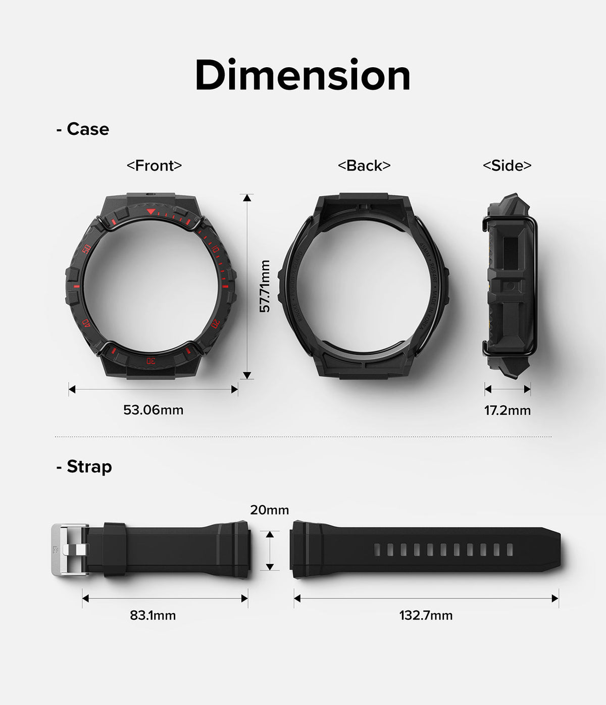 Galaxy Watch 5 Pro (45mm) Case + Band + Wire | Fusion-X Guard - Technical diagram showing dimensions of watch case and strap.