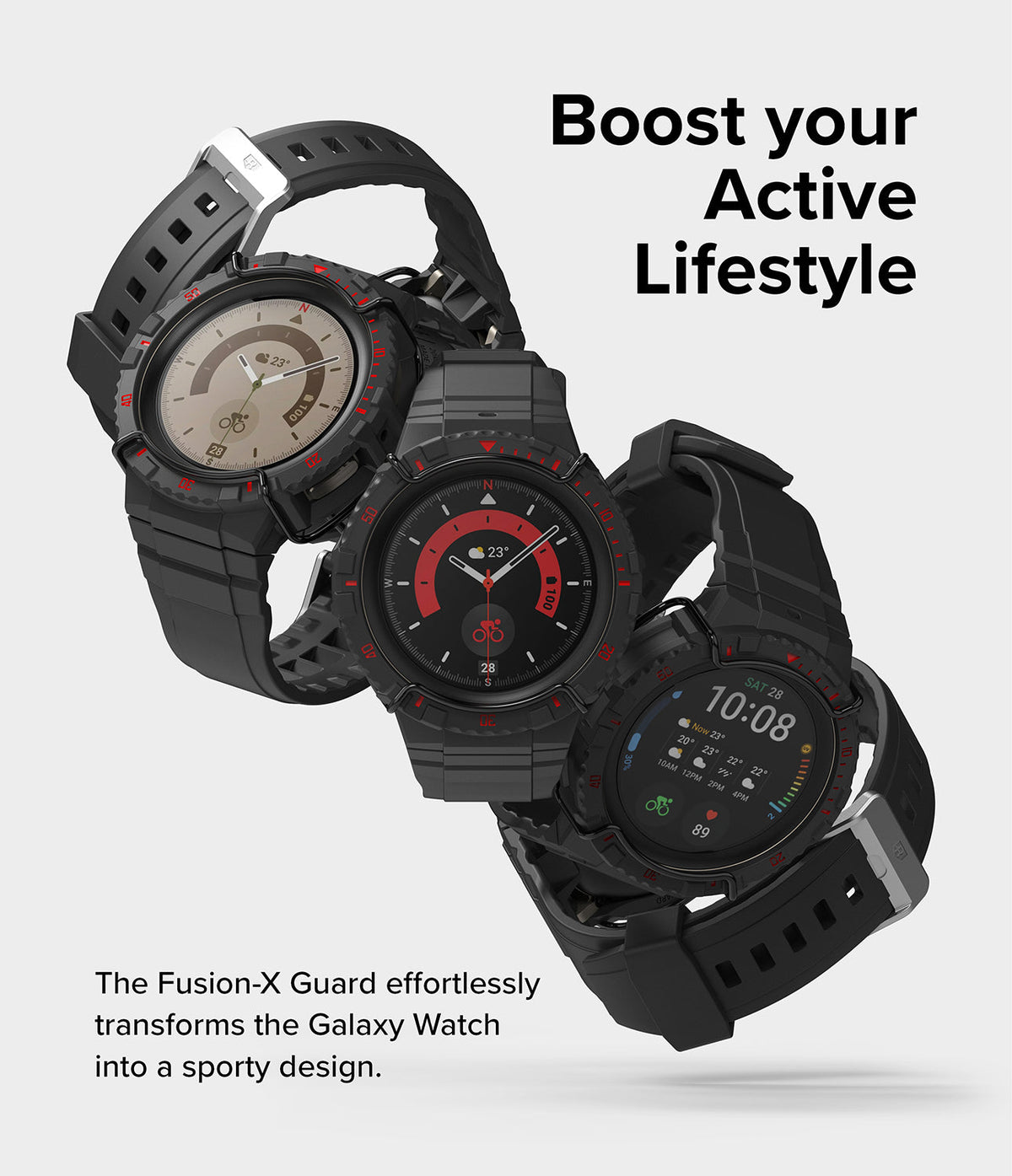 Galaxy Watch 5 Pro (45mm) Case + Band + Wire | Fusion-X Guard - Three Galaxy Watches with rugged black cases and bands.